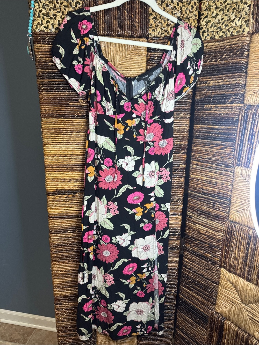 Forever 21 Black Maxi Dress with Pink, White & Yellow Floral Print